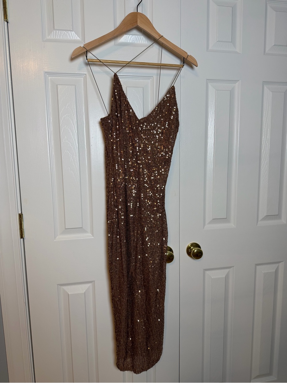 Fashion Nova Brown Sequin Slip Dress with Spaghetti Straps